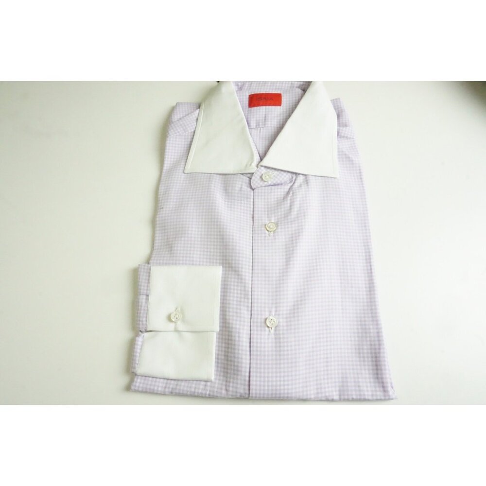 Isaia 100% Cotton Pink Plaid Contrast Collar Dress Shirt Sz 40 BRAND NEW